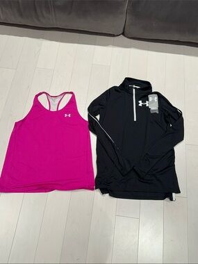 Under Armour Pink Racerback Tank & Black Quarter-Zip Pullover - youth large